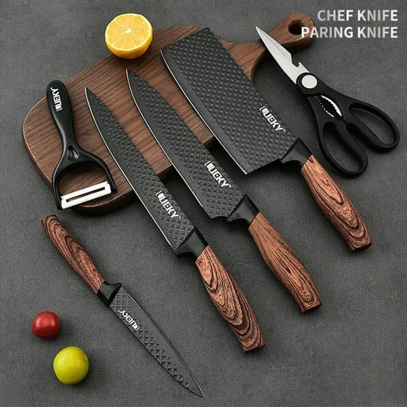 "Premium 6-Piece Black Kitchen Knife Set with Sharp Stainless Steel Blades and Ergonomic Wood Handles"