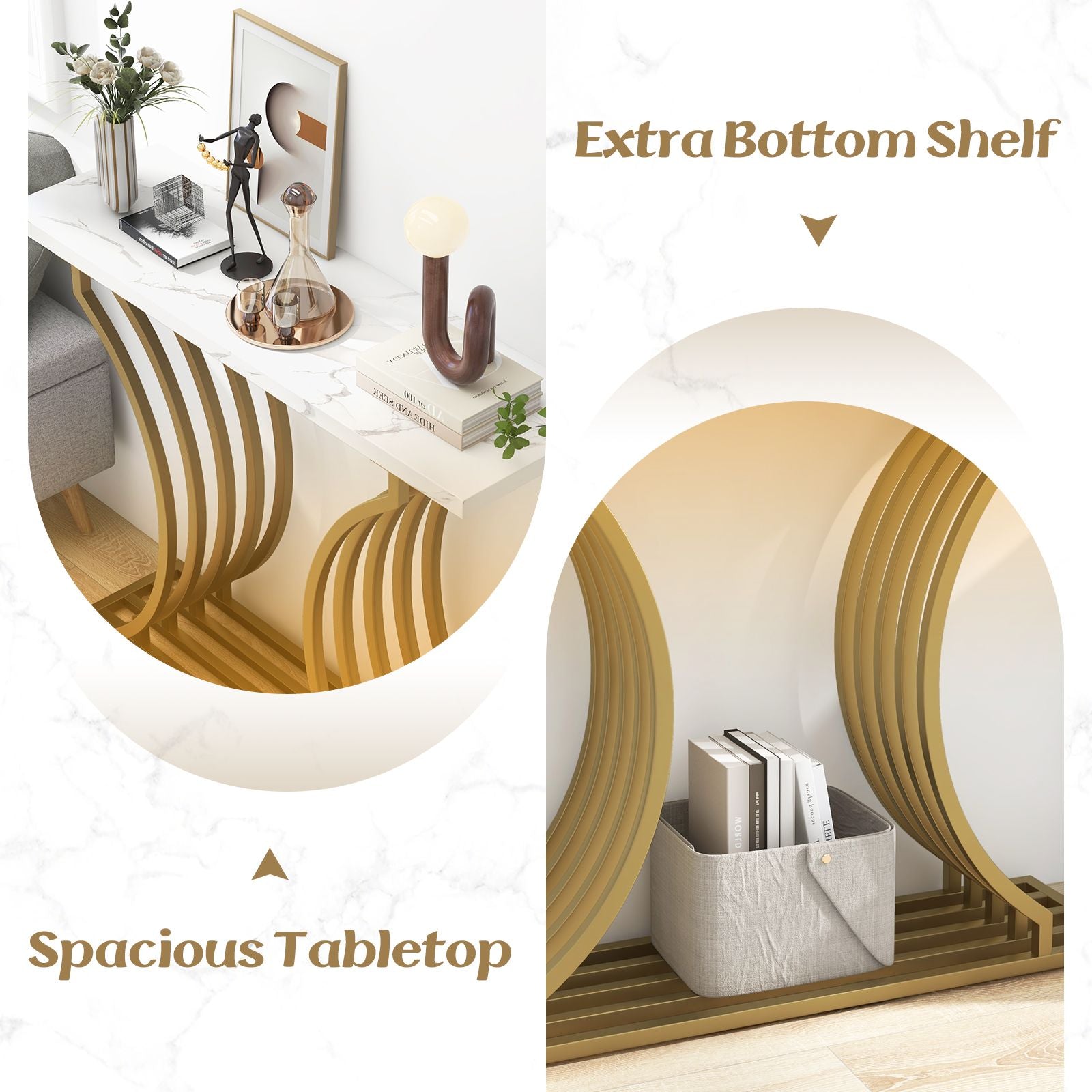 "Gold and White Marble Entryway Table"