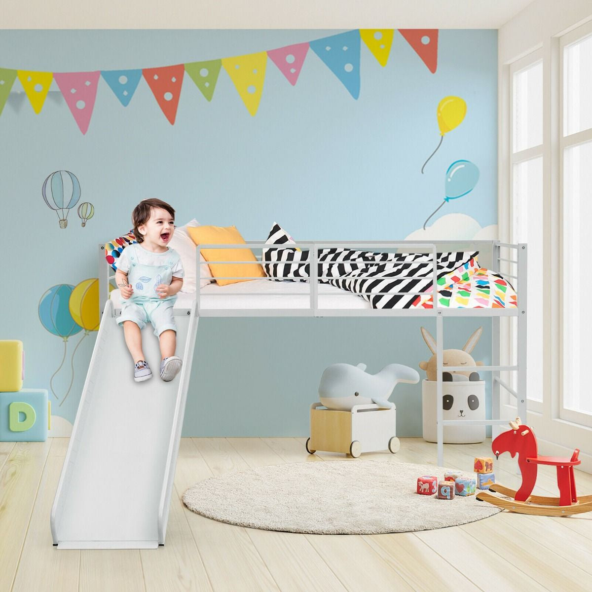 "Cozy Loft Bed with Slide, Stairs, and Safety Guardrails for Kids"