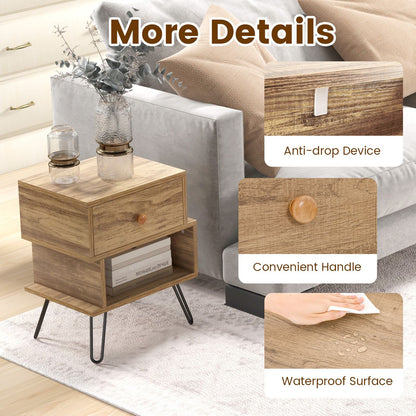 "Rustic Wooden Nightstands Set with Stylish Metal Feet - Set of 2"