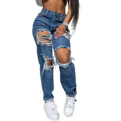 Punk Style High Waist Ripped Straight Jeans for Women