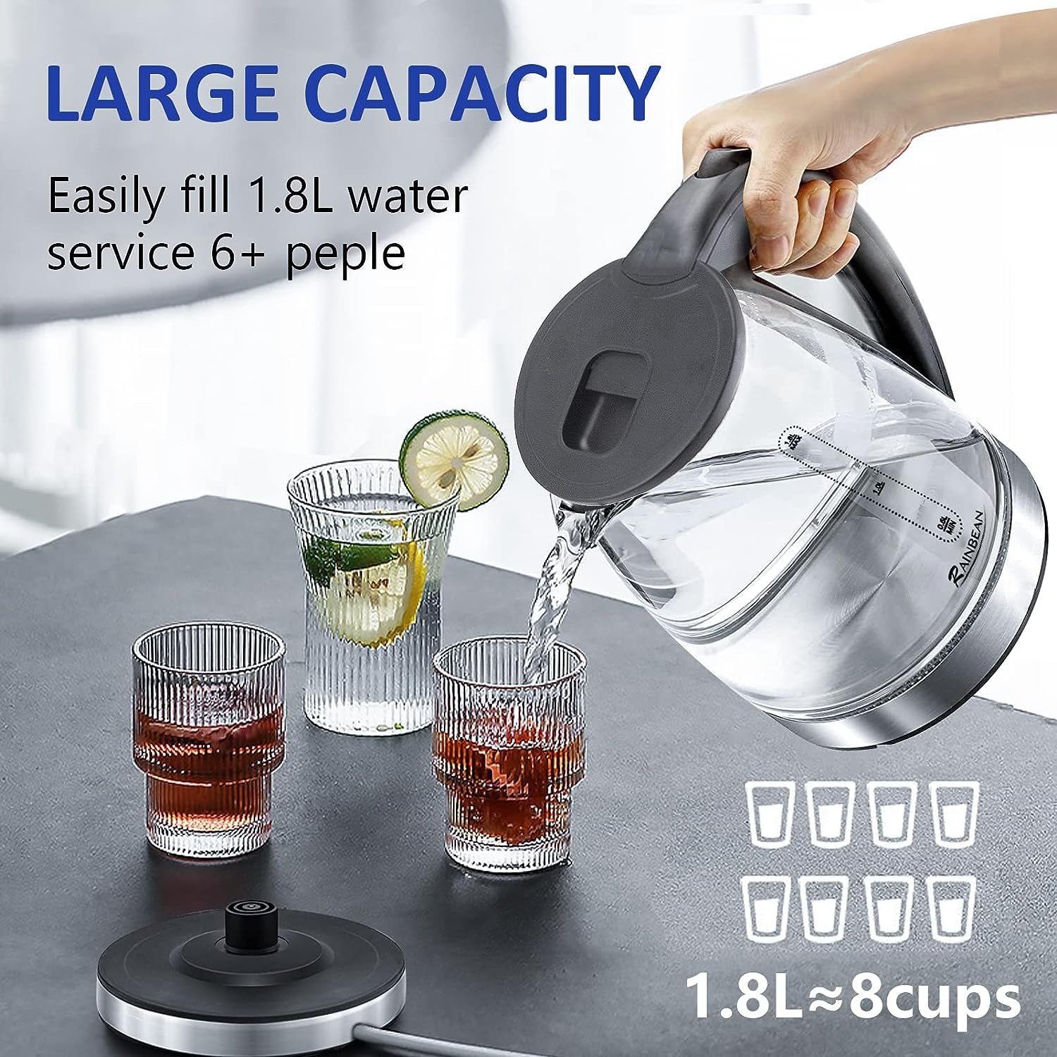 Glass Black Electric Kettle Water Boiler: 1.8L Tea Kettle with LED Light