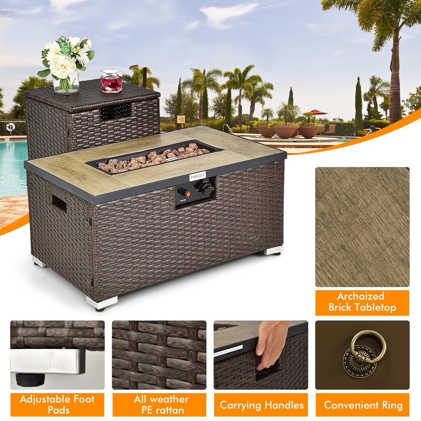 "40,000 BTU Propane Fire Pit Table Set with Rattan Finish and Side Table"