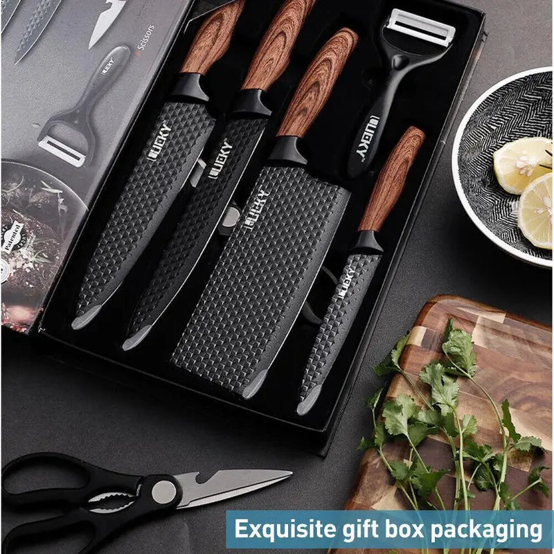 "Premium 6-Piece Black Kitchen Knife Set with Sharp Stainless Steel Blades and Ergonomic Wood Handles"