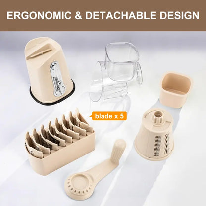 Sleek Beige Rotary Cheese Grater Set - 5 Blades, Suction Base, Mandolin Slicer - Kitchen Essential with Blade Storage Box