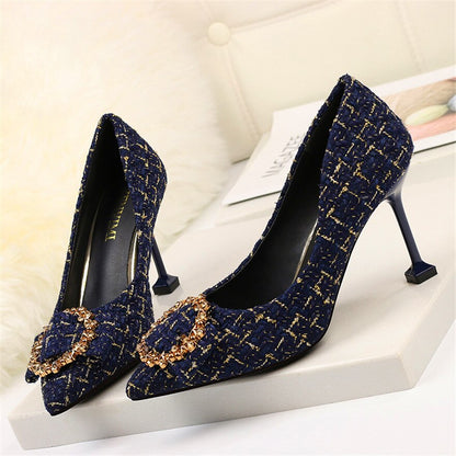 "Crystal Buckle Black Tweed Cat Heel Pumps: Stylish Autumn Party Shoes"