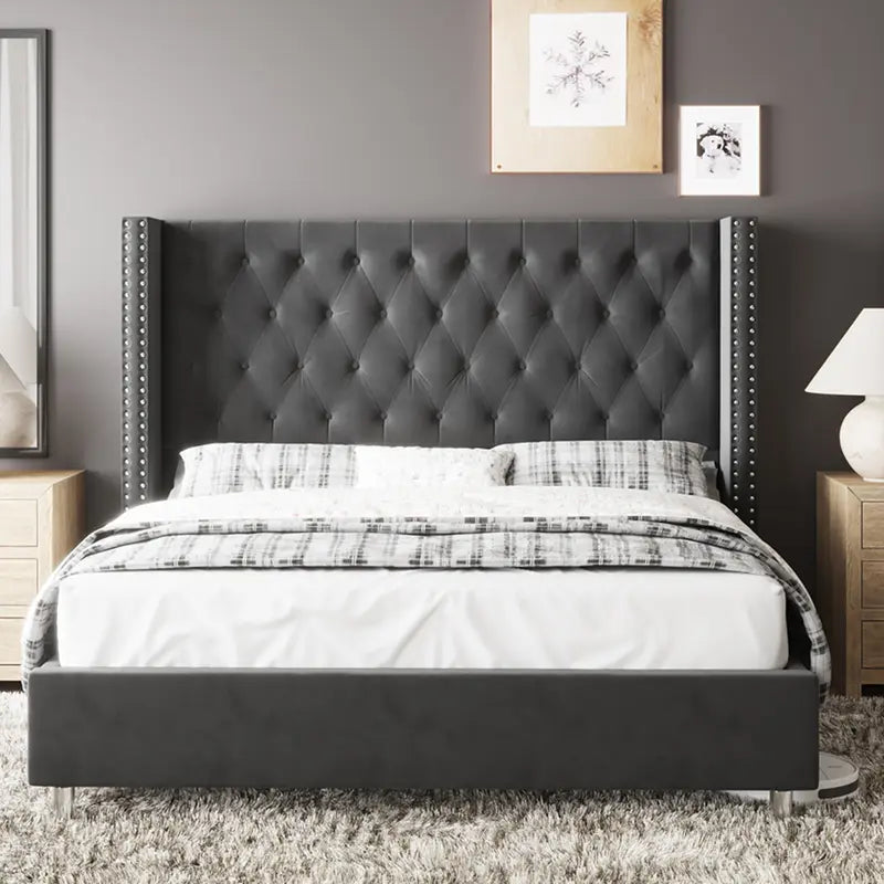 Luxurious Velvet Upholstered Bed Frame with Wingback Headboard and Diamond Button Tufting