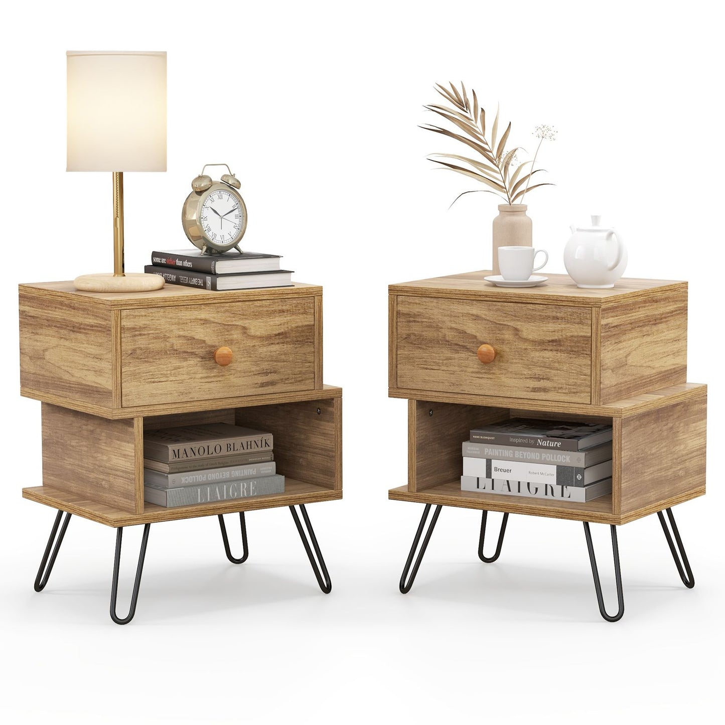 "Rustic Wooden Nightstands Set with Stylish Metal Feet - Set of 2"